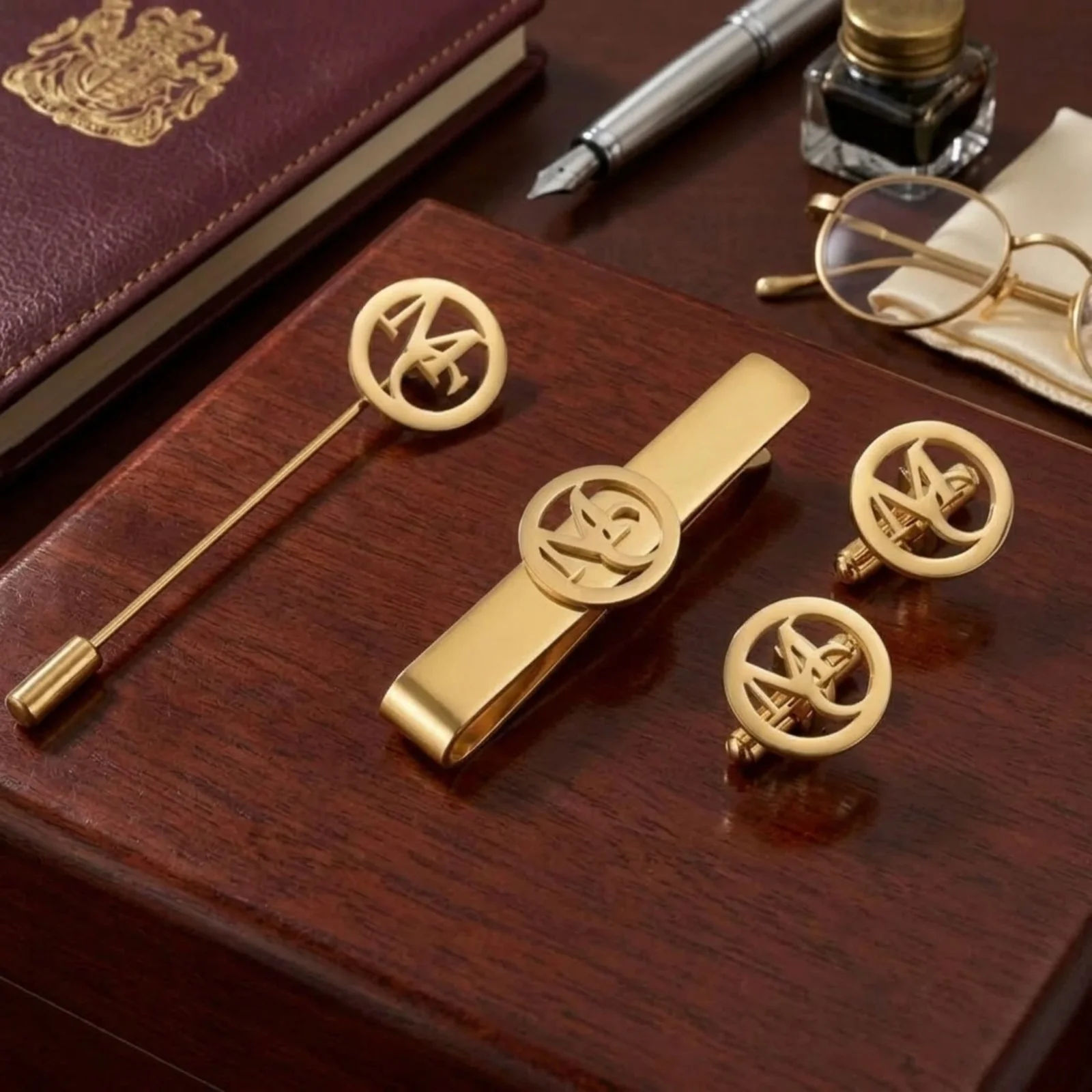 Customised Round Initials Cufflinks, Tie Pin and Lapel Pin, Men’s Accessory Combo Set - 5