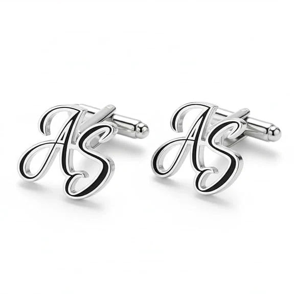 Personalised Cursive Dual Initials Cufflinks with Black Enamel Detail - 5