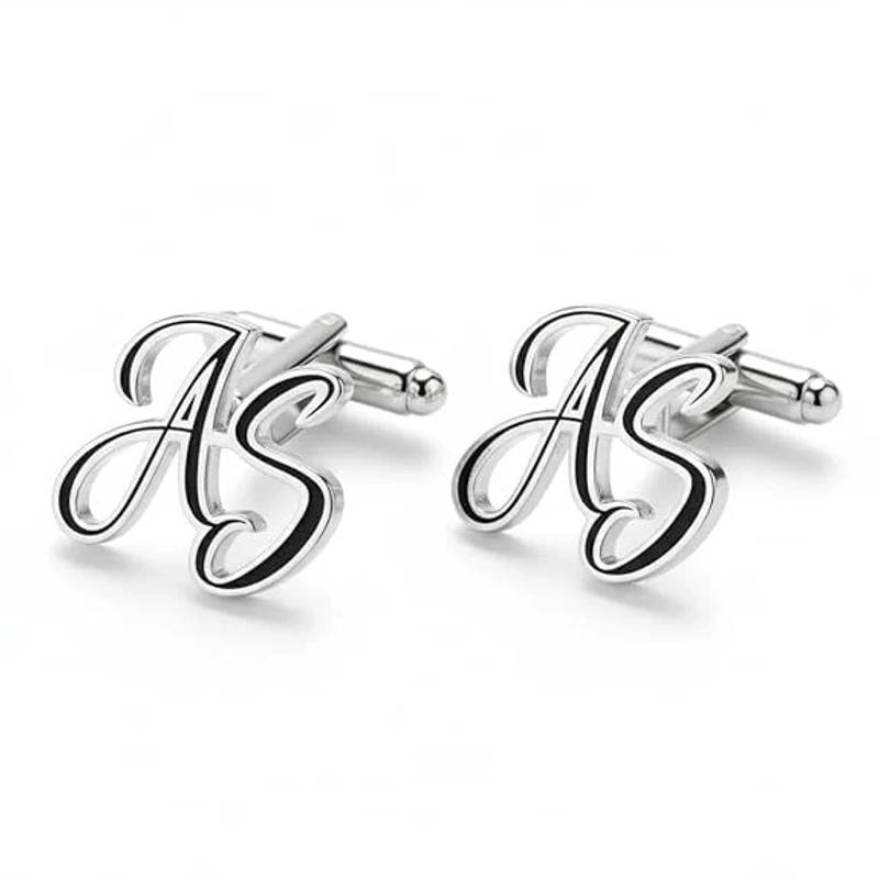 Personalised Cursive Dual Initials Cufflinks with Black Enamel Detail - 7