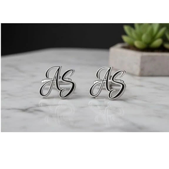 Personalised Cursive Dual Initials Cufflinks with Black Enamel Detail - 4