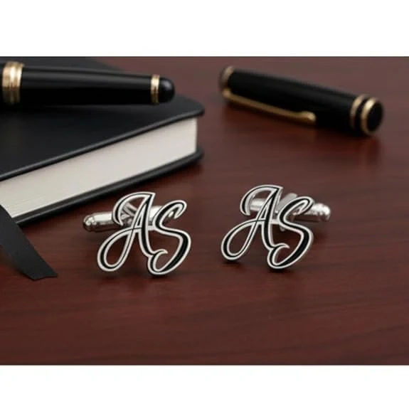 Personalised Cursive Dual Initials Cufflinks with Black Enamel Detail - 3
