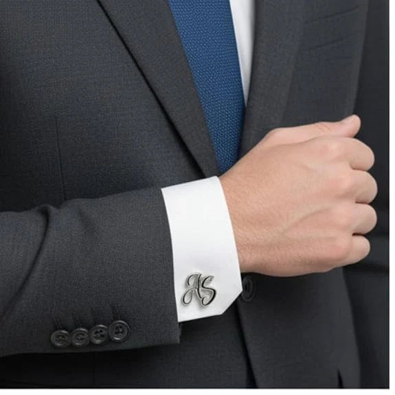 Personalised Cursive Dual Initials Cufflinks with Black Enamel Detail - 2