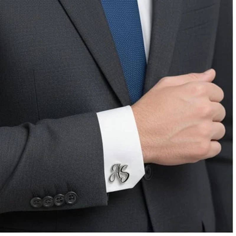 Personalised Cursive Dual Initials Cufflinks with Black Enamel Detail - 4