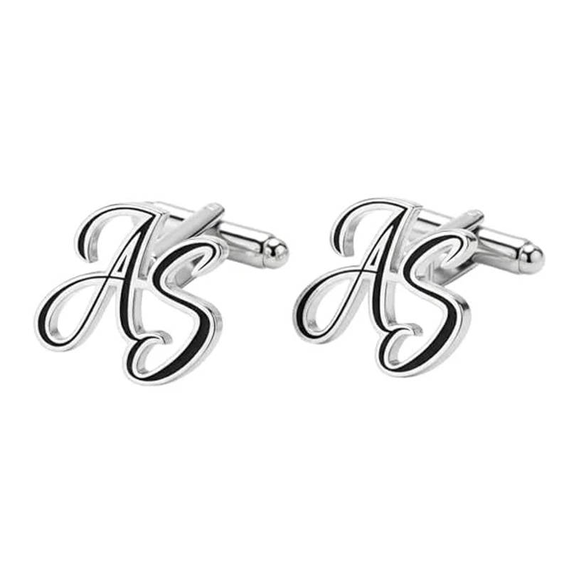 Personalised Cursive Dual Initials Cufflinks with Black Enamel Detail - 2