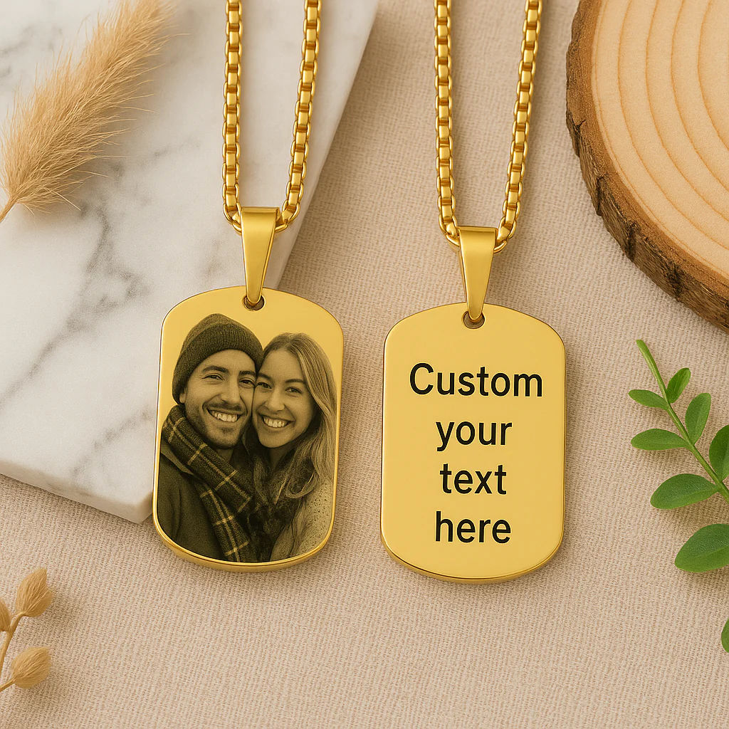 Rectangular Dog Tag Necklace With Photo And Text Engraving