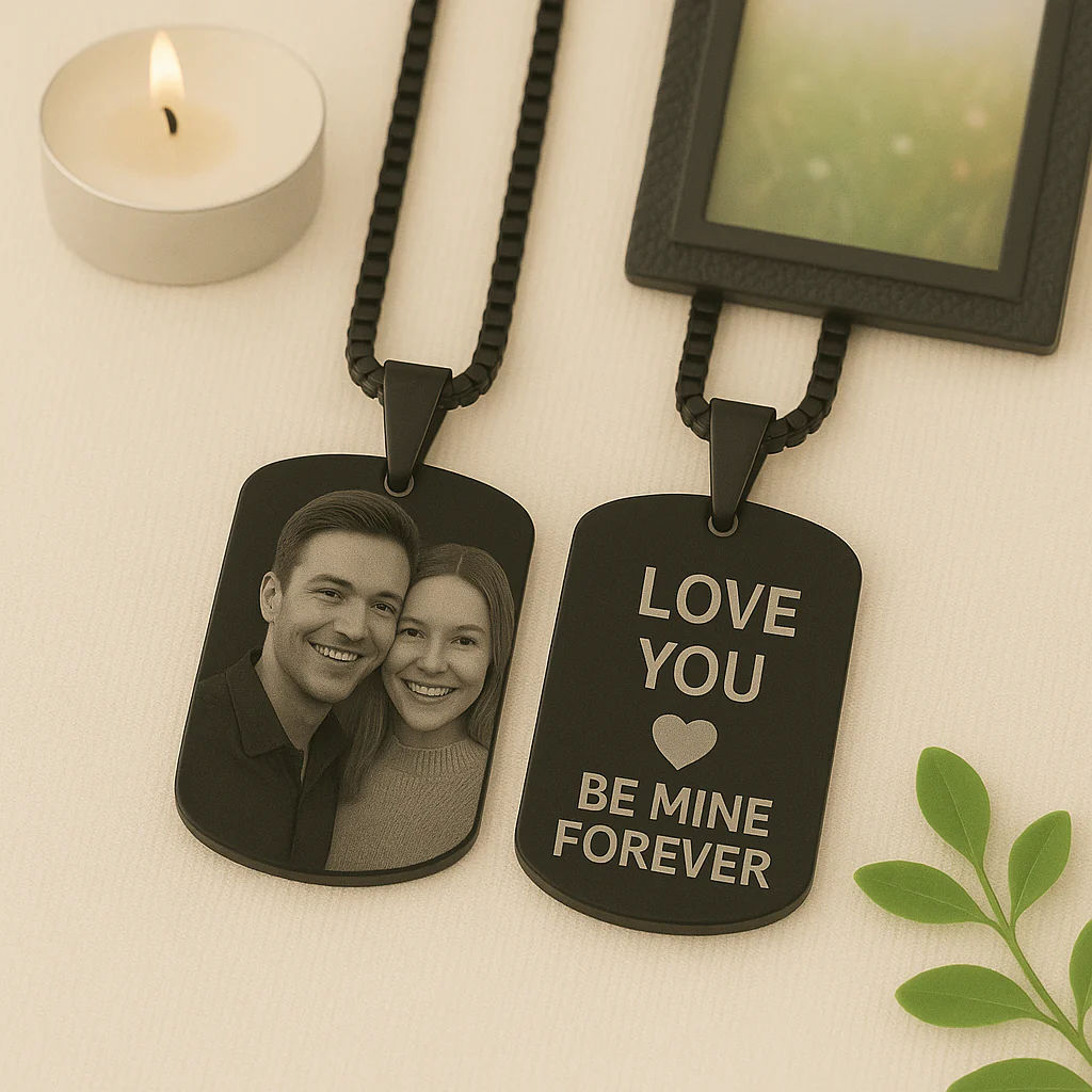 Rectangular Dog Tag Necklace With Photo And Text Engraving thumbnail 2