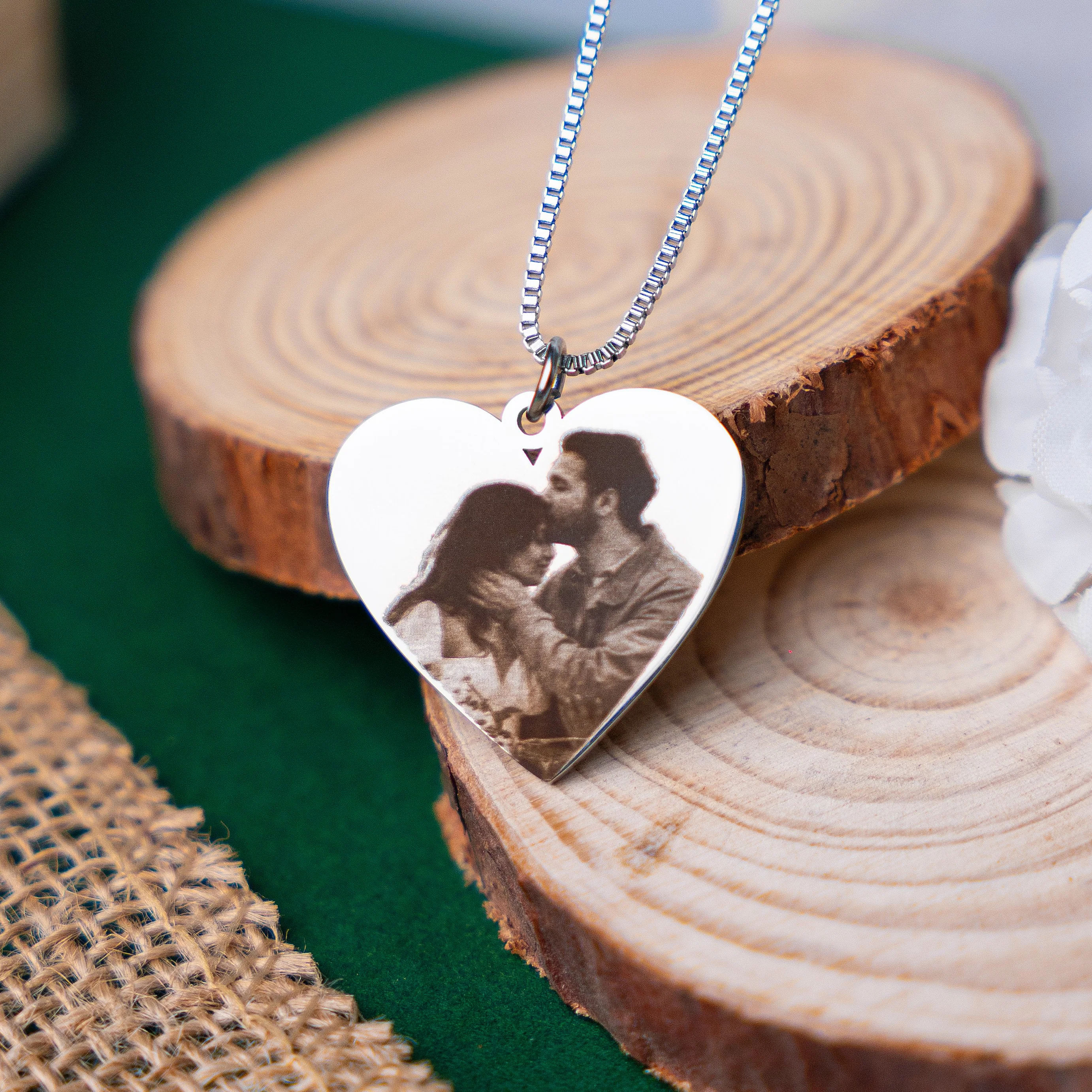 Heart Pendant Necklace With Photo Engraving And Box Chain