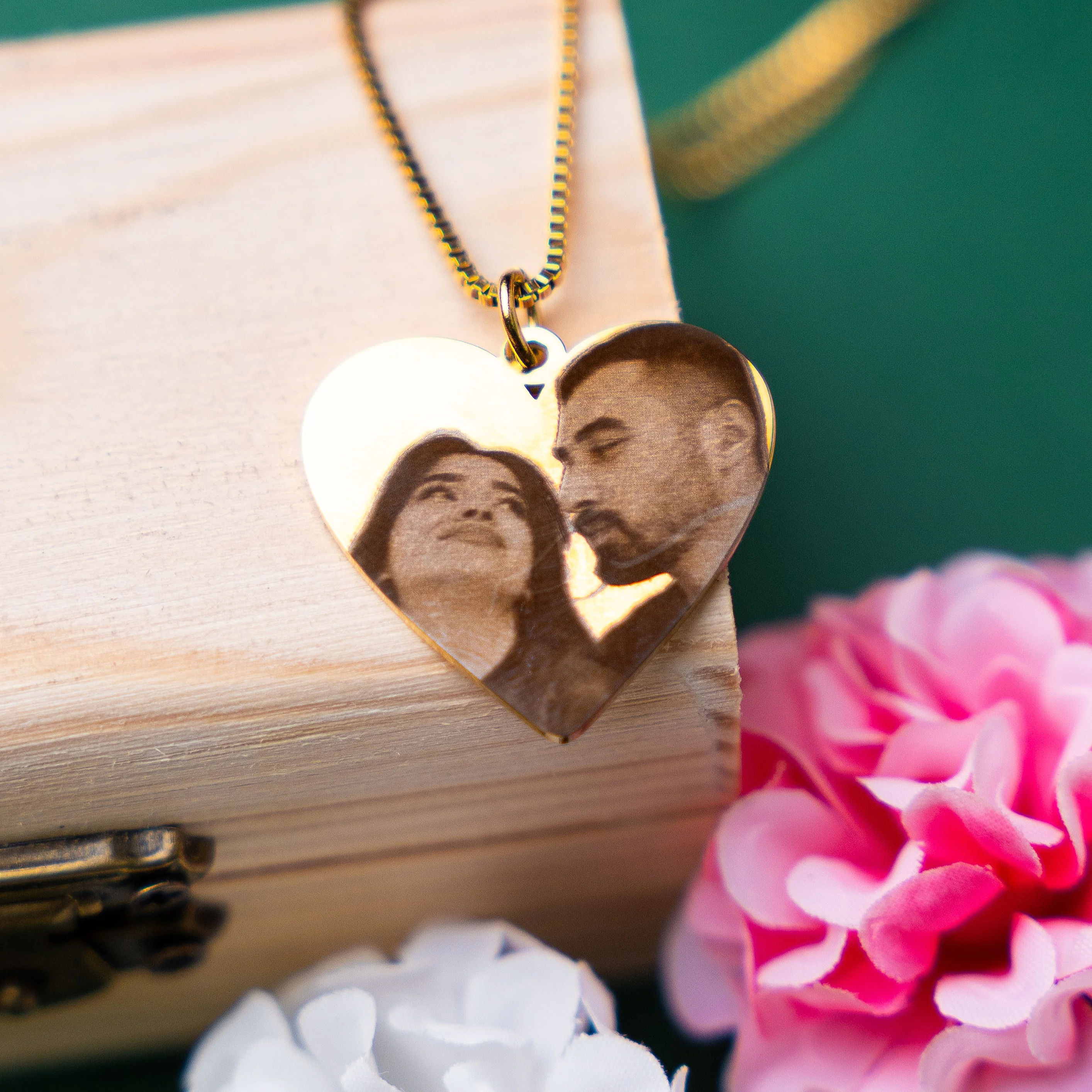 Heart Pendant Necklace With Photo Engraving And Box Chain thumbnail 2