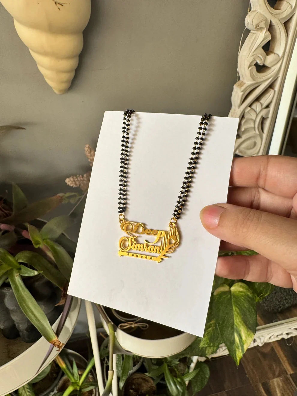 Custom Double Name Mangalsutra with Flute and Peacock Feather - 3
