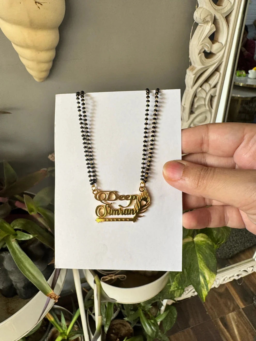 Custom Double Name Mangalsutra with Flute and Peacock Feather - 5