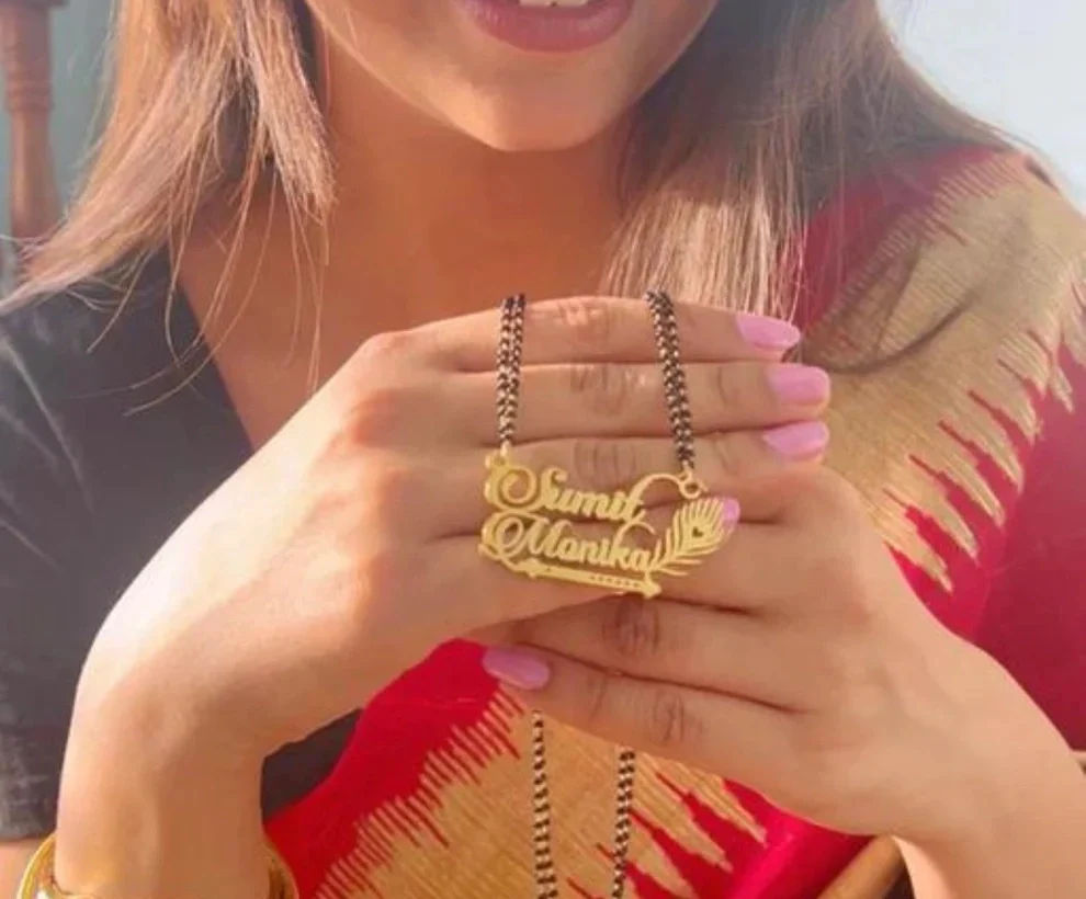 Custom Double Name Mangalsutra with Flute and Peacock Feather - 6