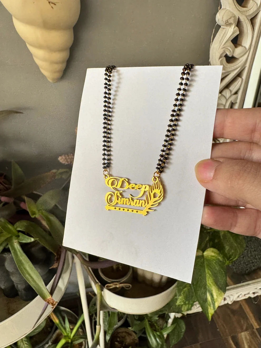 Custom Double Name Mangalsutra with Flute and Peacock Feather - 9