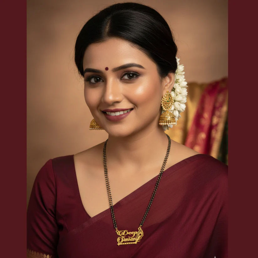 Dual Name Mangalsutra With Flute And Feather Motif Center