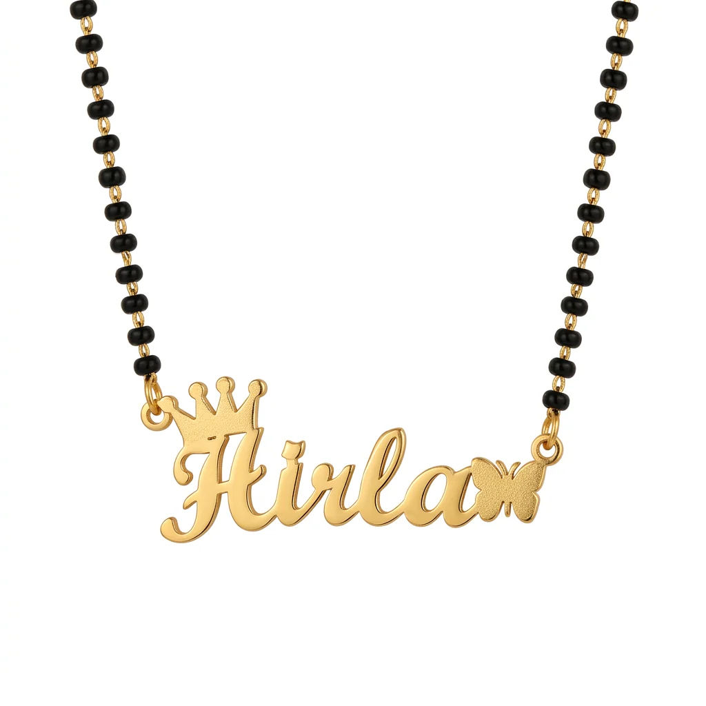 Single Name Mangalsutra with Crown and Side Butterfly for Modern Wife