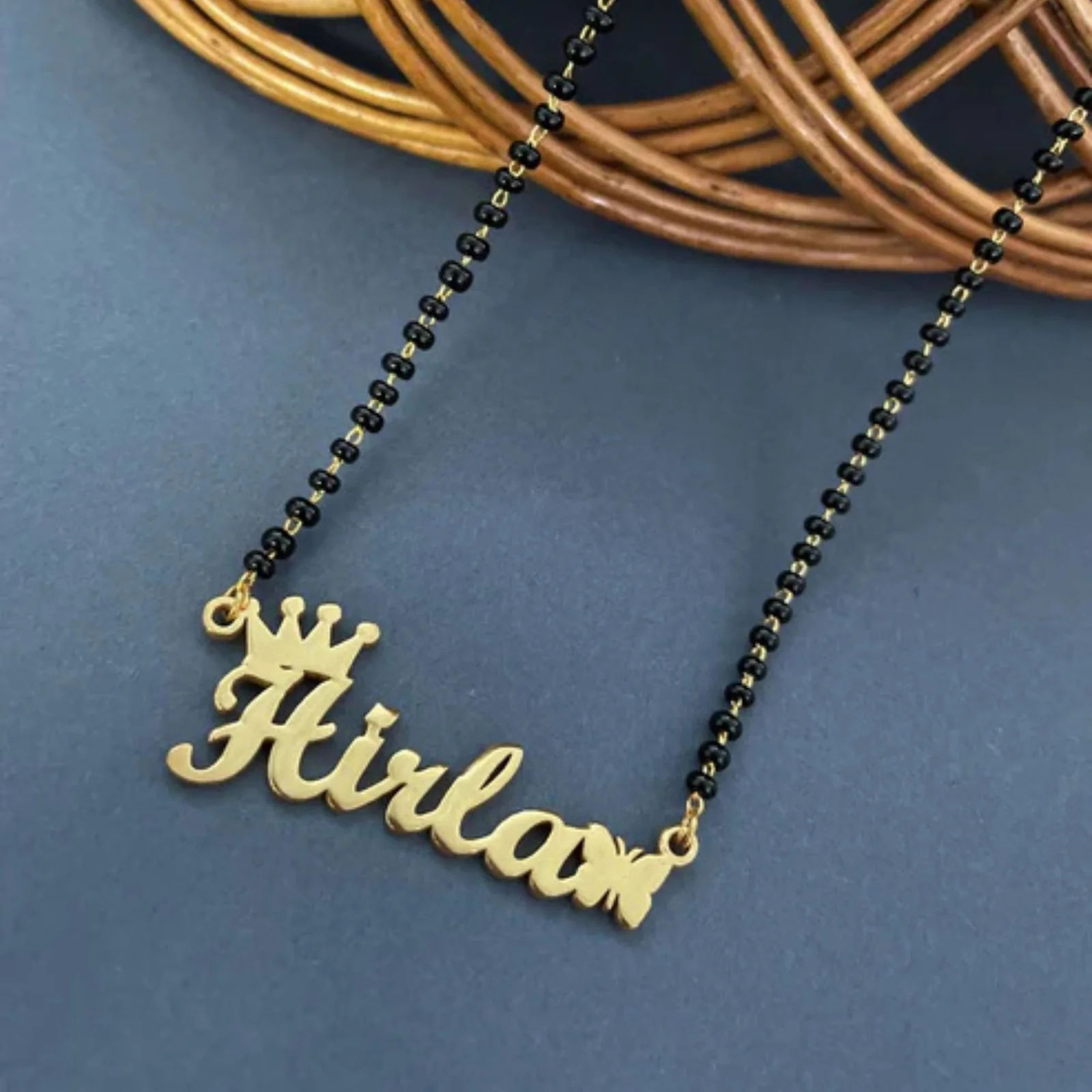 Single Name Mangalsutra with Crown and Side Butterfly for Modern Wife - 2