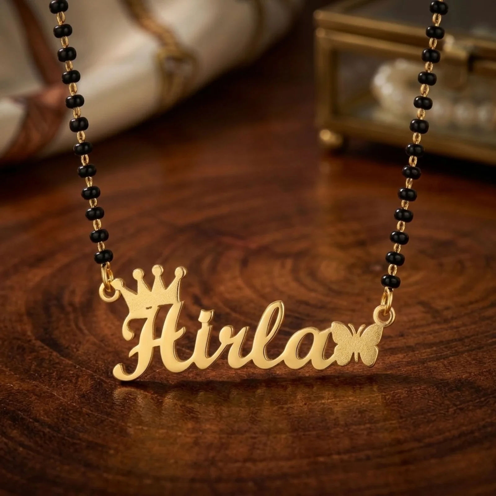 Single Name Mangalsutra with Crown and Side Butterfly for Modern Wife - 4