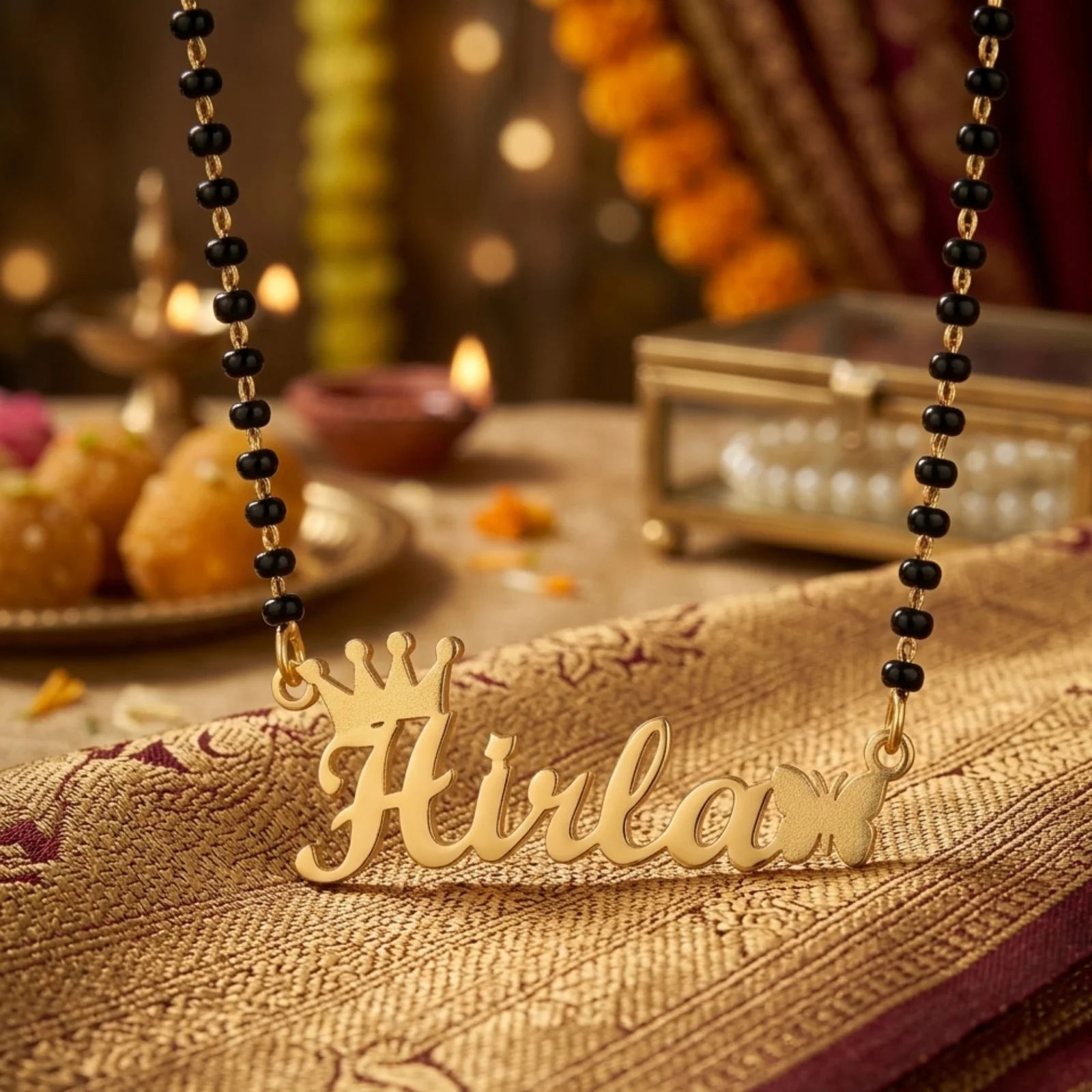 Single Name Mangalsutra with Crown and Side Butterfly for Modern Wife - 6