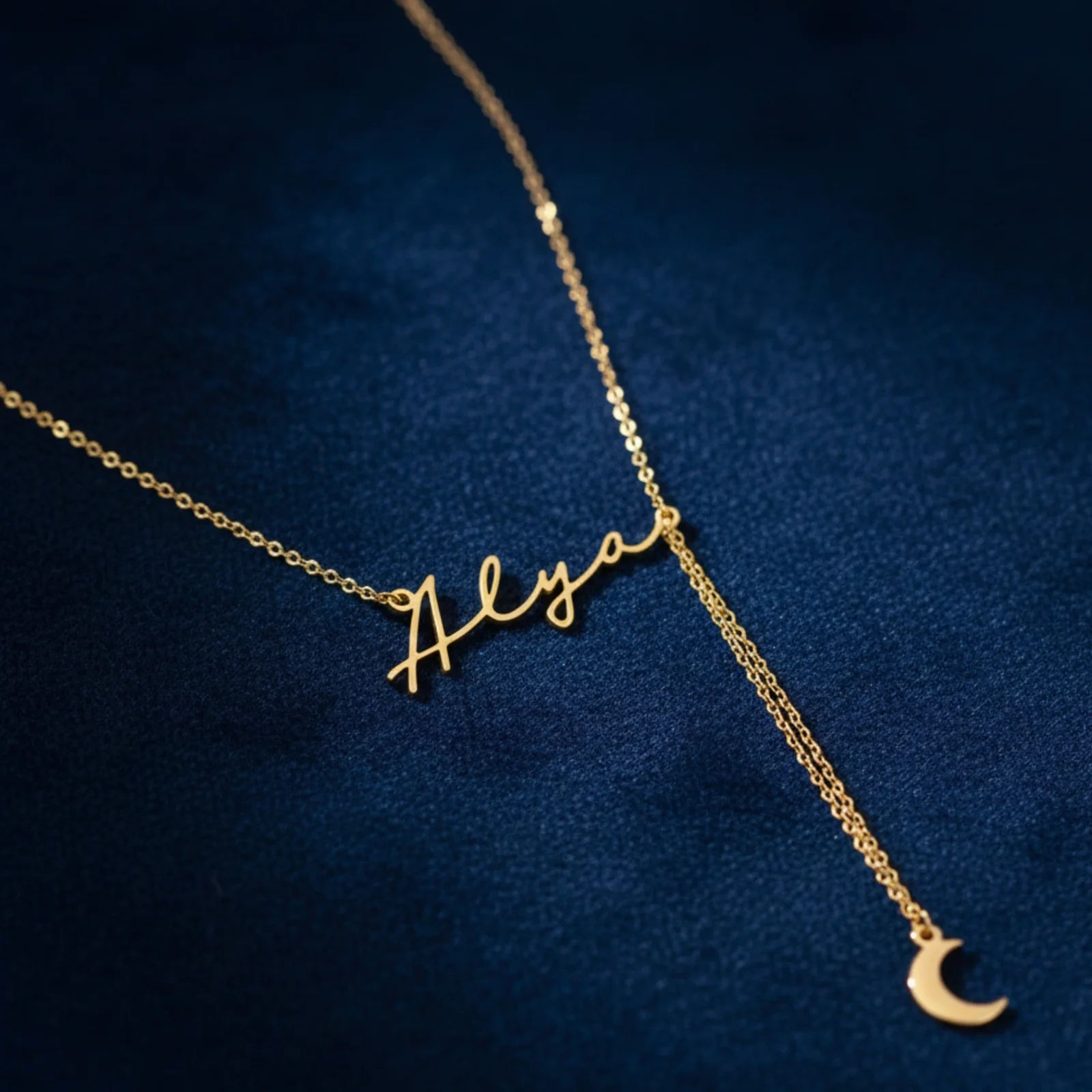 Custom Script Name and Crescent Moon Y-Lariat Necklace - 4
