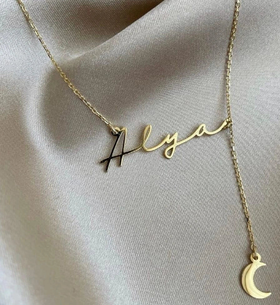 Custom Script Name and Crescent Moon Y-Lariat Necklace - 5