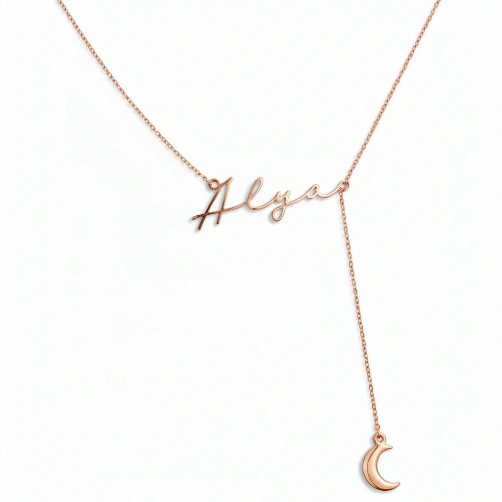 Custom Script Name and Crescent Moon Y-Lariat Necklace - 3