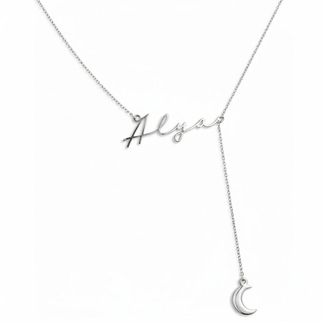Custom Script Name and Crescent Moon Y-Lariat Necklace - 2