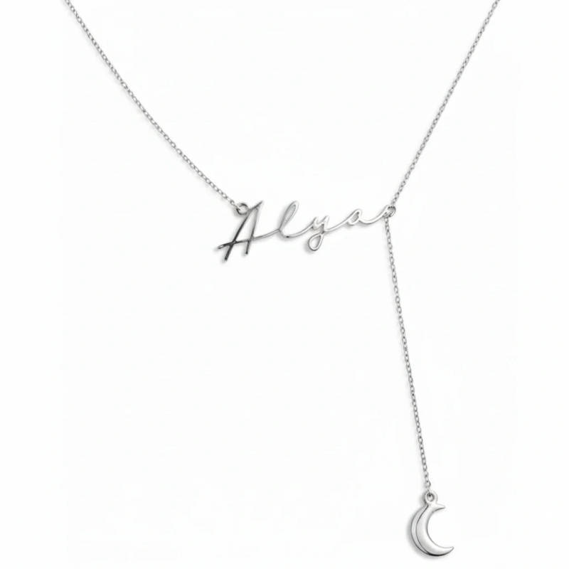 Custom Script Name and Crescent Moon Y-Lariat Necklace - 2