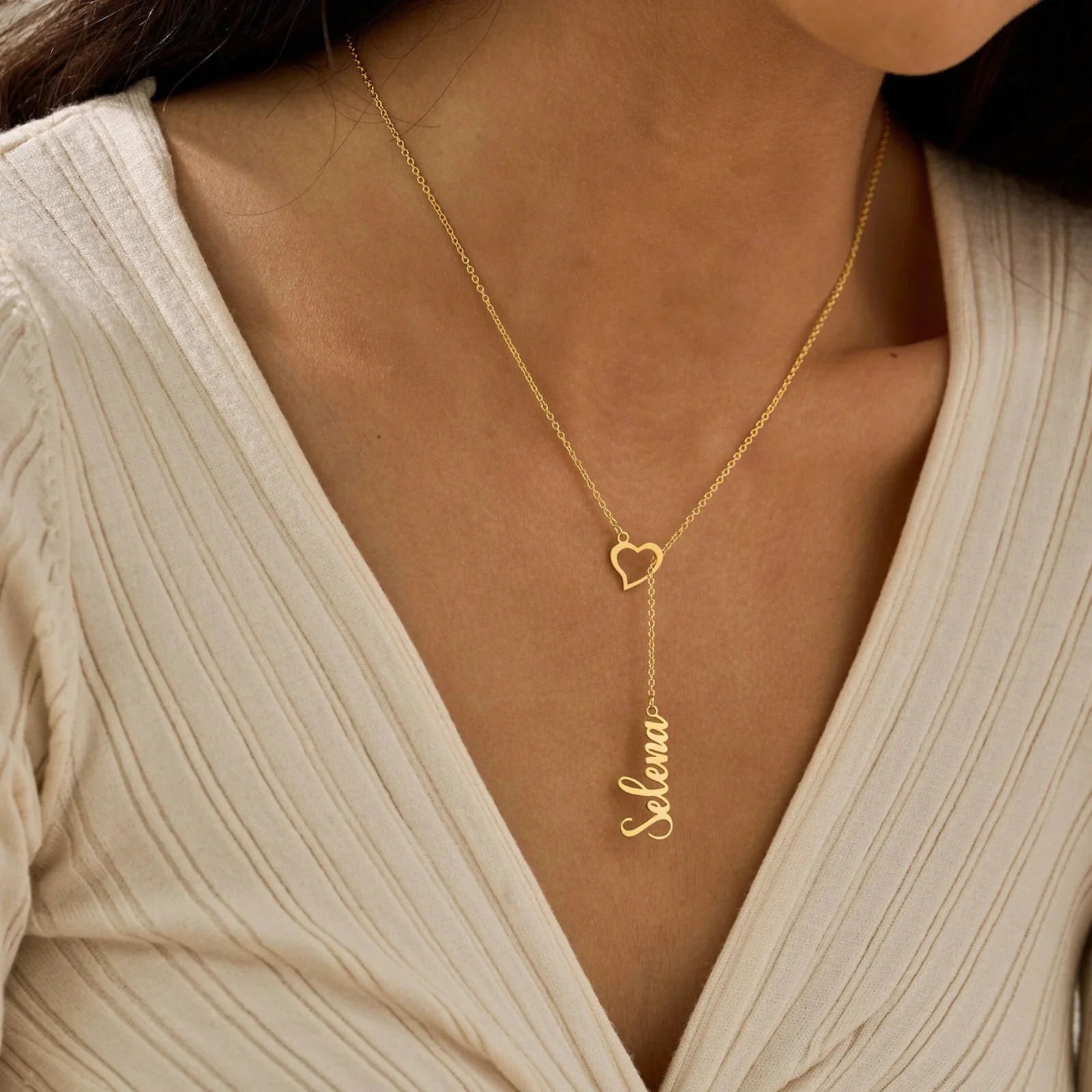 Heart Drop Necklace With Vertical Name And Fine Chain - 4