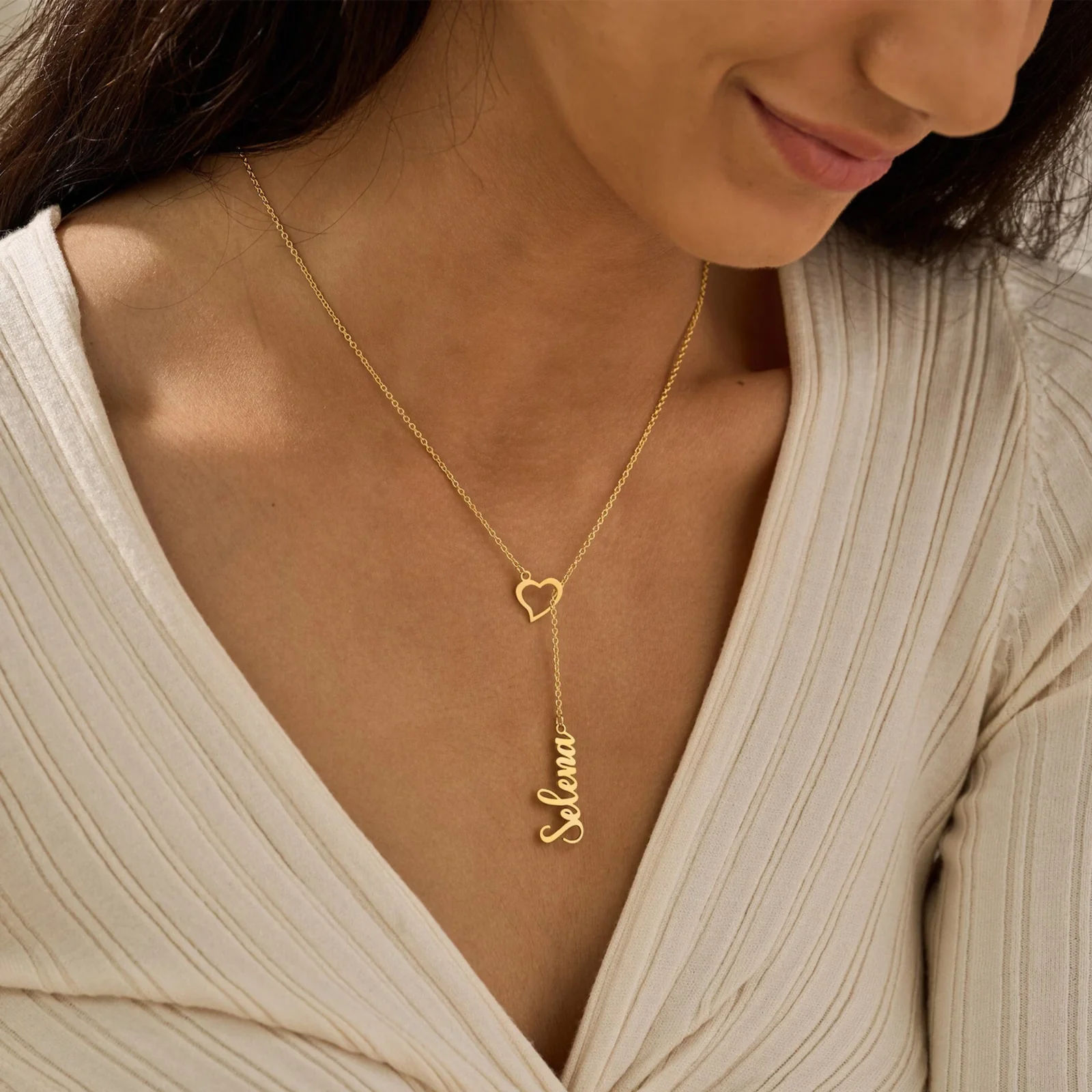 Heart Drop Necklace With Vertical Name And Fine Chain - 7