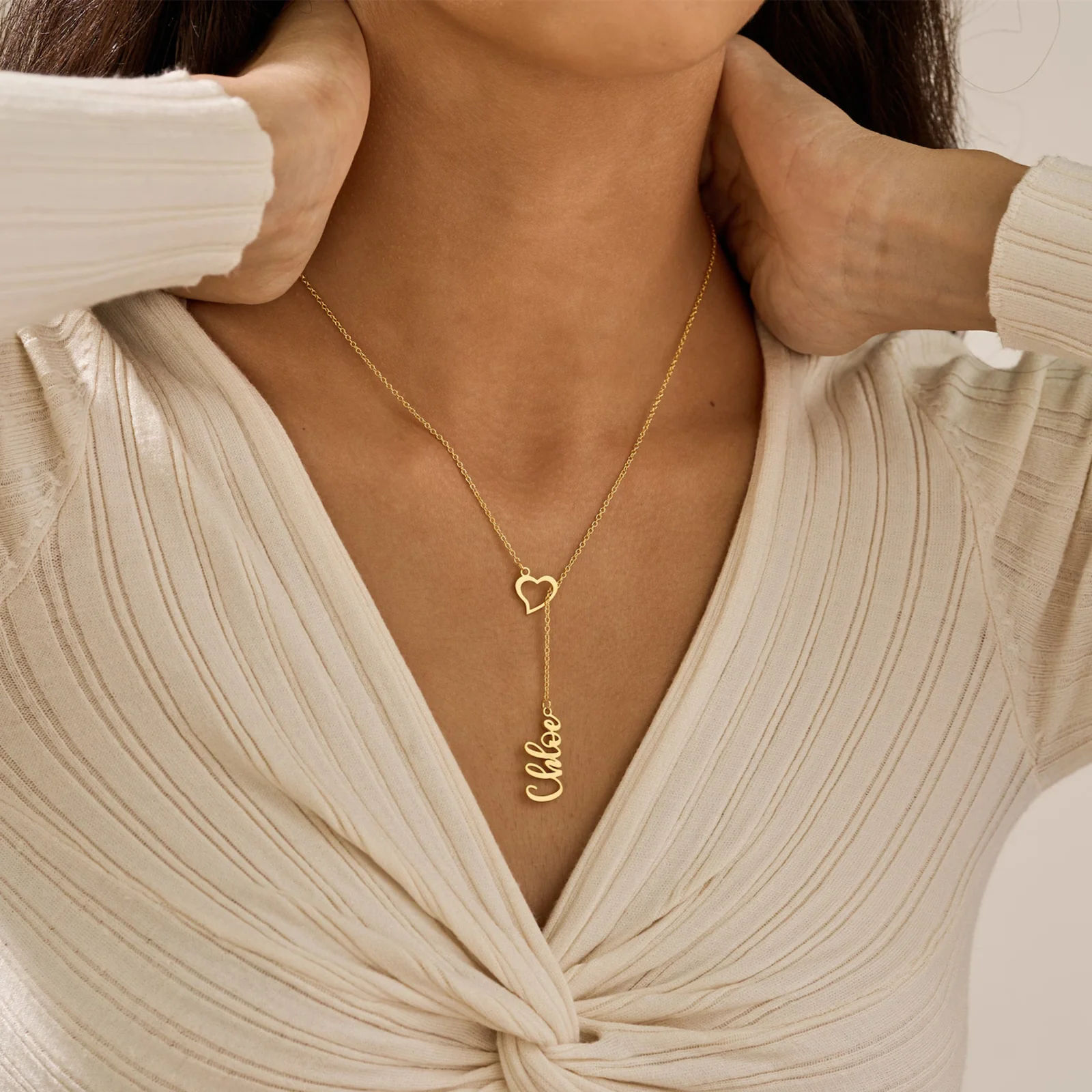 Heart Drop Necklace With Vertical Name And Fine Chain - 6