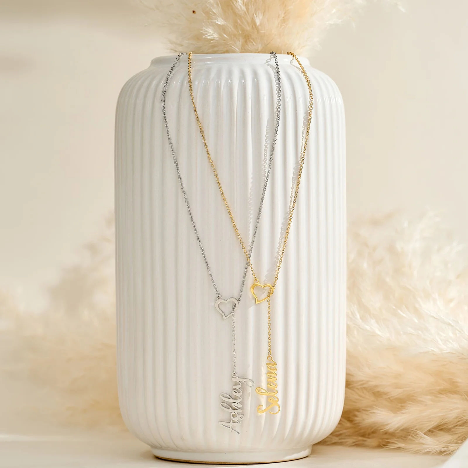 Heart Drop Necklace With Vertical Name And Fine Chain - 8