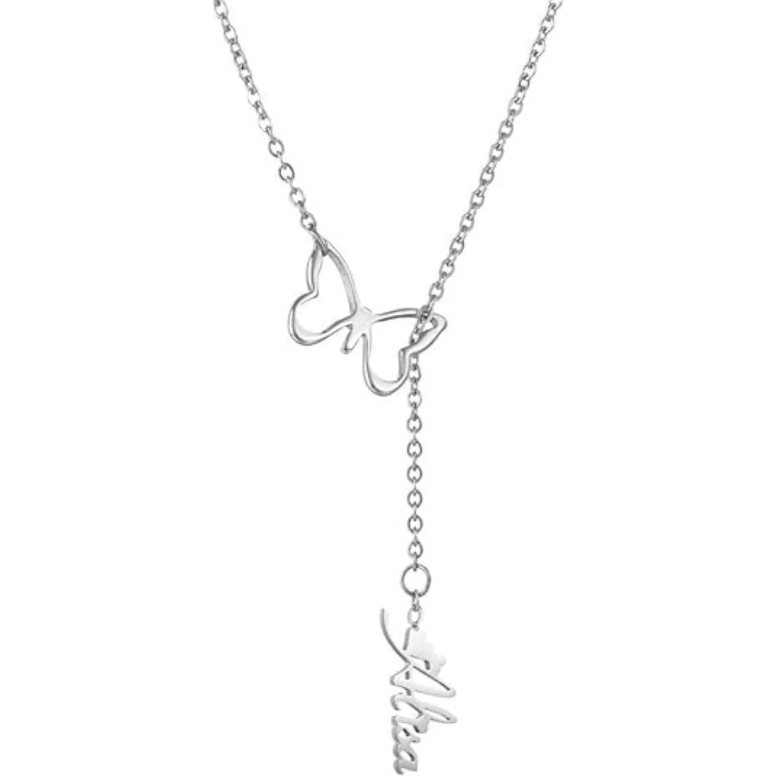 Butterfly Drop Necklace With Vertical Name And Fine Chain - 2