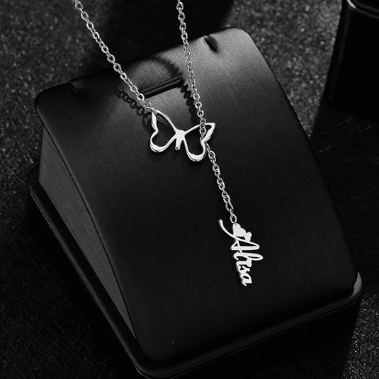 Butterfly Drop Necklace With Vertical Name And Fine Chain - 7