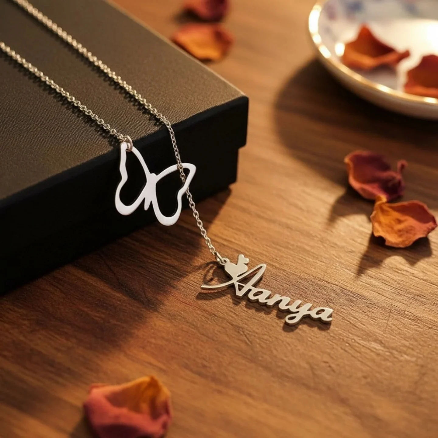 Butterfly Drop Necklace With Vertical Name And Fine Chain - 4