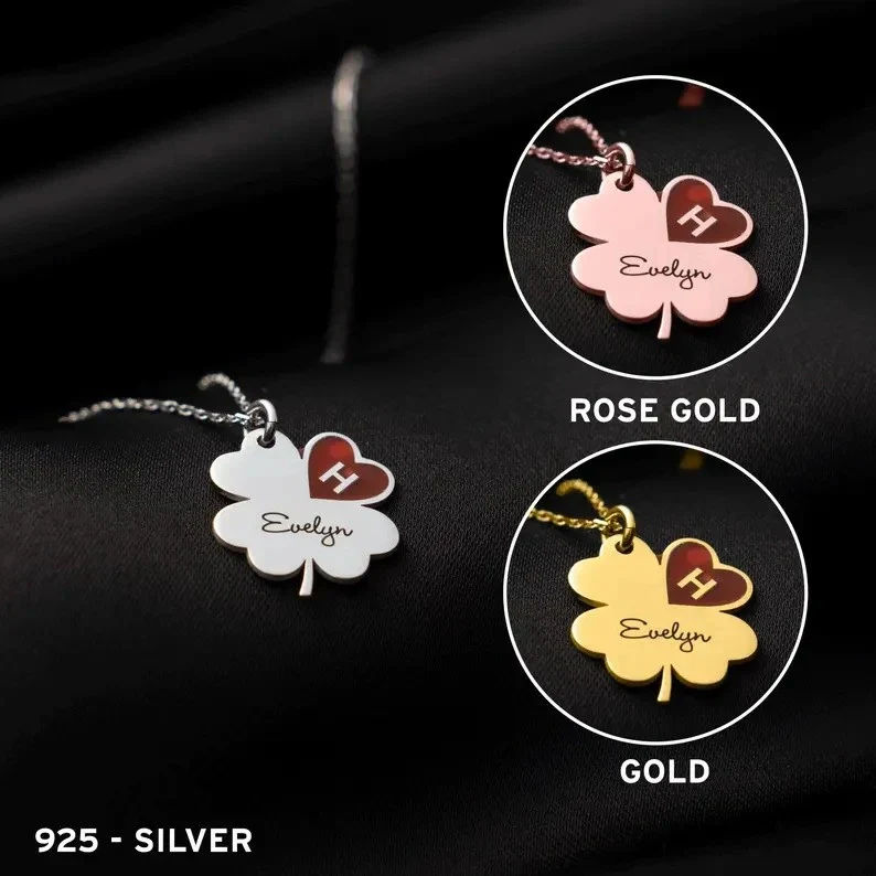 Personalised Clover Necklace with Engraved Name and Initial Heart - 4
