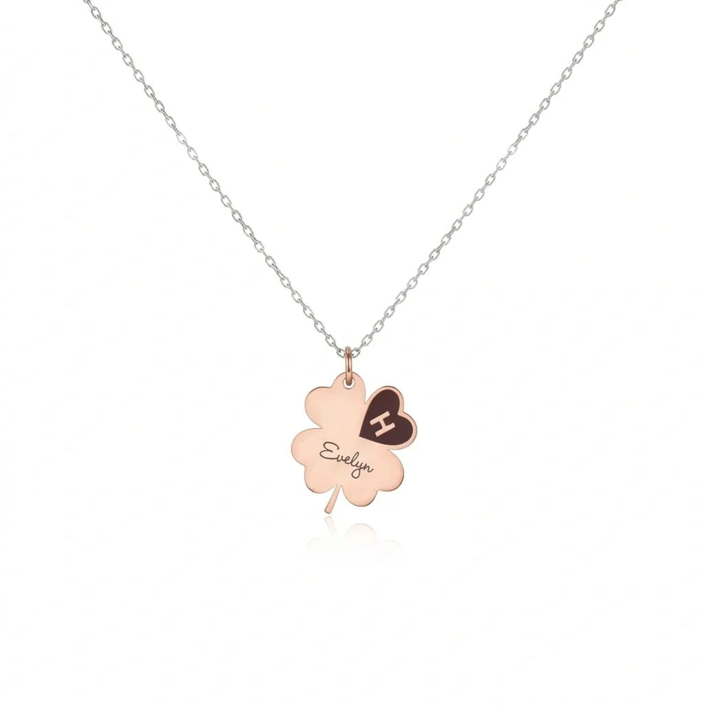 Personalised Clover Necklace with Engraved Name and Initial Heart - 3