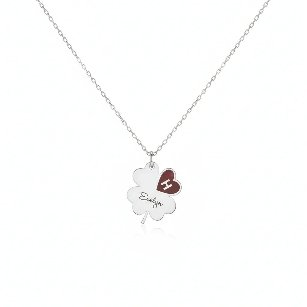 Personalised Clover Necklace with Engraved Name and Initial Heart - 2
