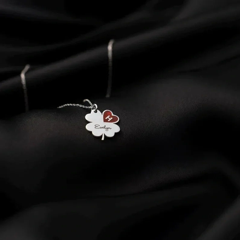 Personalised Clover Necklace with Engraved Name and Initial Heart - 6