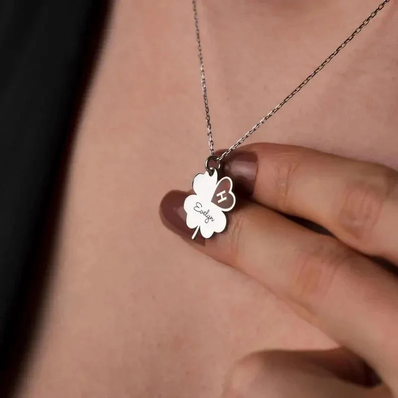 Personalised Clover Necklace with Engraved Name and Initial Heart - 5