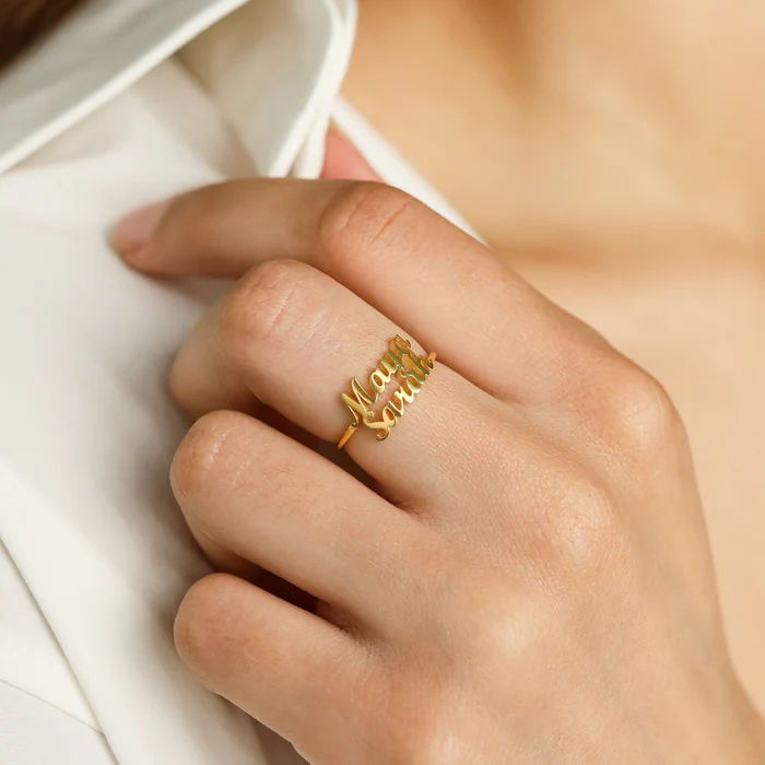 Script Double Name Ring With Heart Connector Center