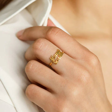 Script Double Name Ring With Heart Connector Center
