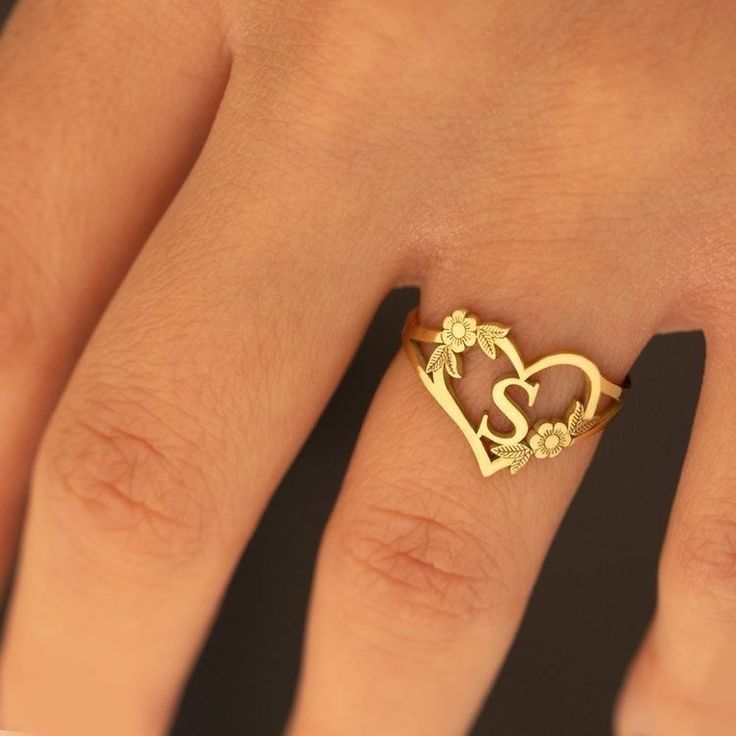 Floral Heart Ring With Initial And Leaf Engraved 