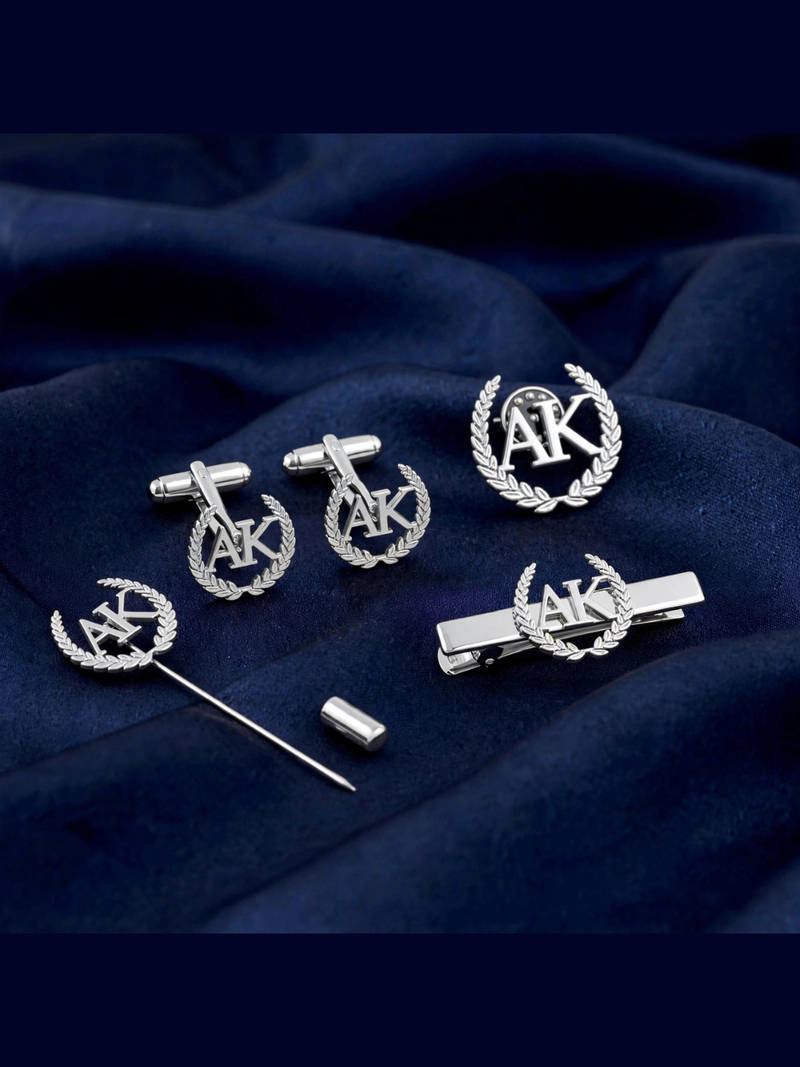 Personalised Laurel Wreath Monogram Men's Formal Accessory Set - Silver - 1