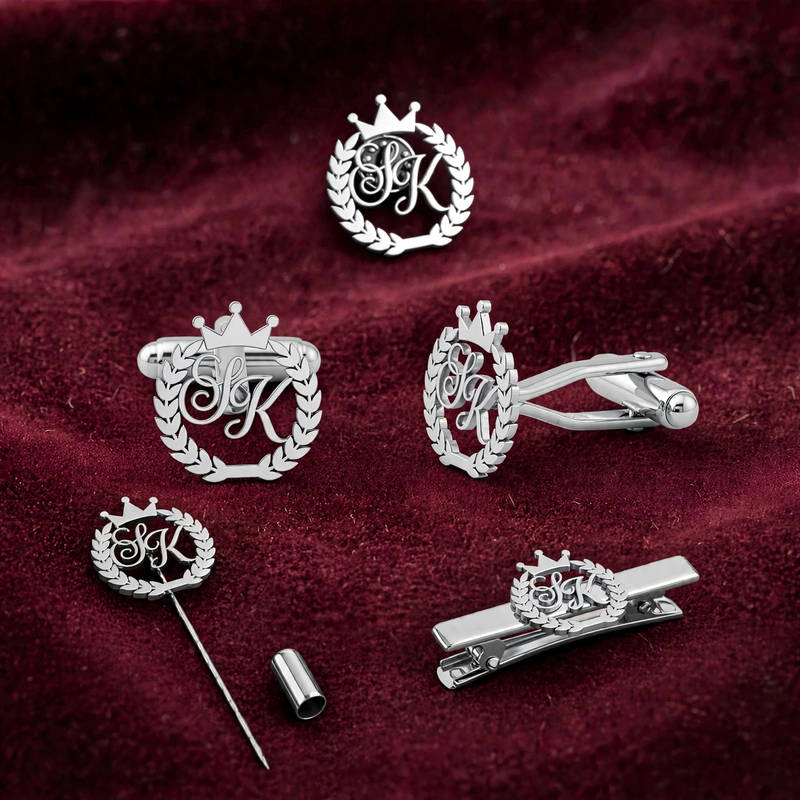 Customised Crown and Wreath Monogram Men's Accessory Set - Silver - 7