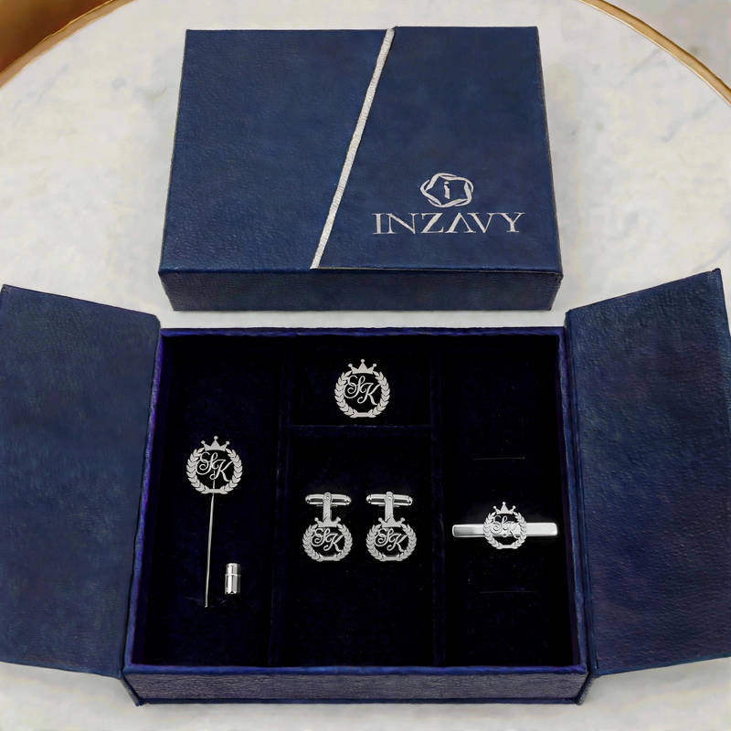 Customised Crown and Wreath Monogram Men's Accessory Set - Silver - 8