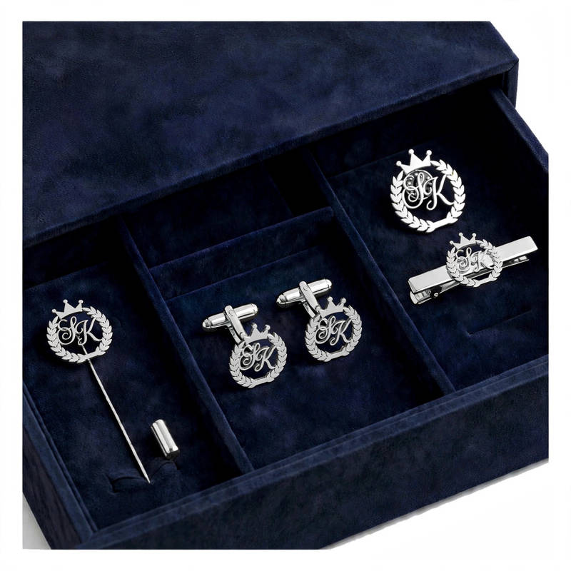 Customised Crown and Wreath Monogram Men's Accessory Set - Silver - 3