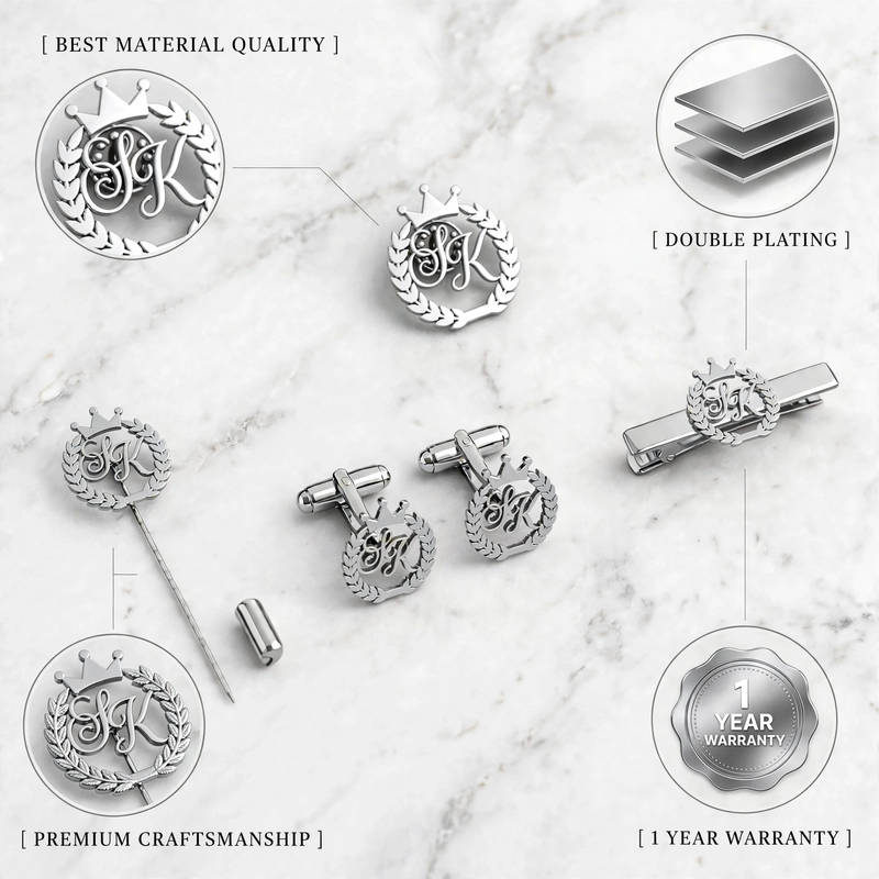 Customised Crown and Wreath Monogram Men's Accessory Set - Silver - 5