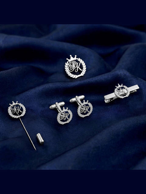 Customised Crown and Wreath Monogram Men's Accessory Set - Silver