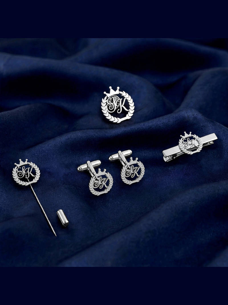 Customised Crown and Wreath Monogram Men's Accessory Set - Silver - 1