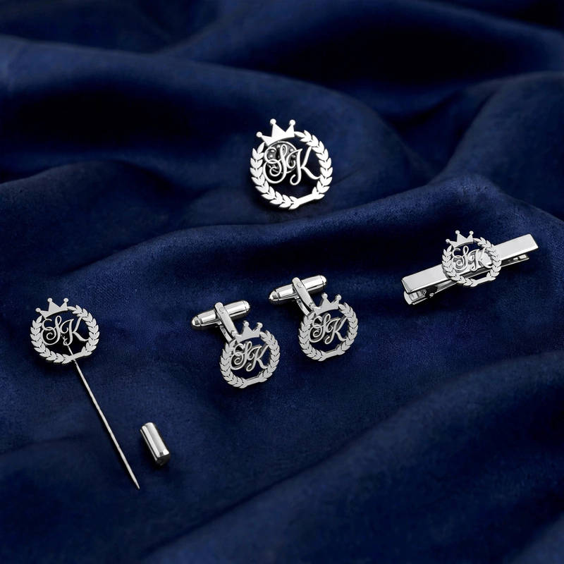 Customised Crown and Wreath Monogram Men's Accessory Set - Gold - 11