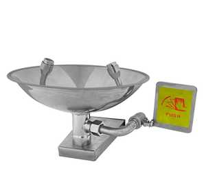 Silver wall-mounted eyewash station with head bowl